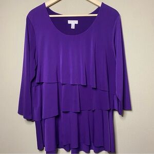 Susan Graver Blouse Women Large Purple Layered Tiered 3/4 Sleeve Workwear Office
